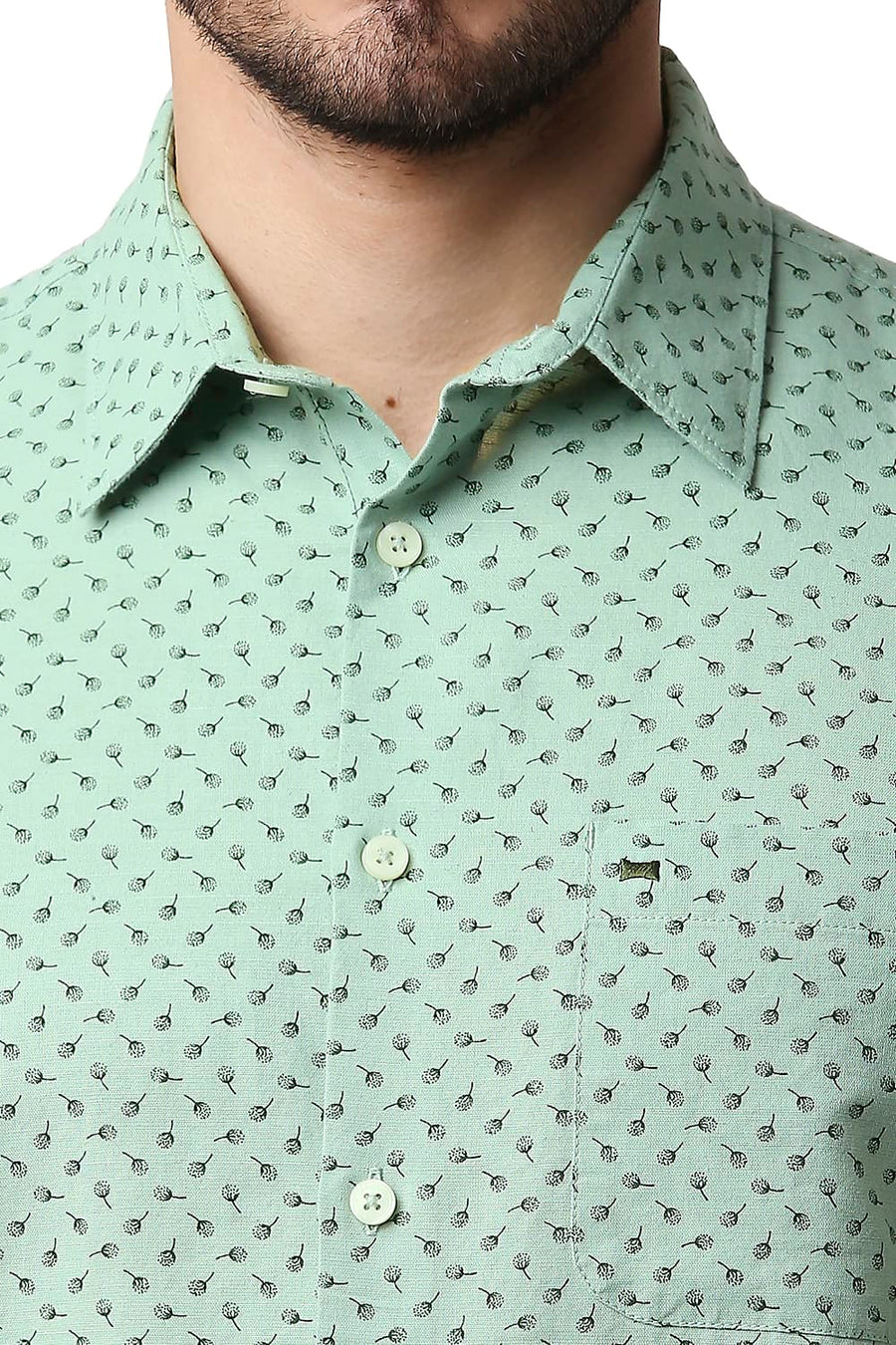 BASICS SLIM FIT GRANITE GREEN COTTON LINEN PRINTED SHIRT