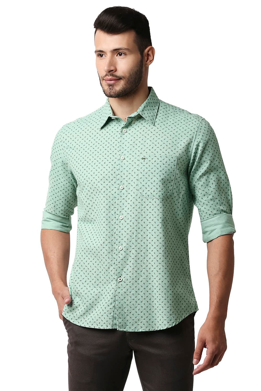 BASICS SLIM FIT GRANITE GREEN COTTON LINEN PRINTED SHIRT