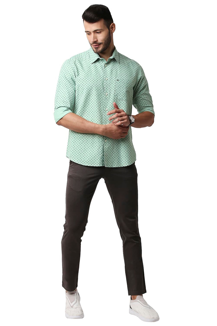 BASICS SLIM FIT GRANITE GREEN COTTON LINEN PRINTED SHIRT