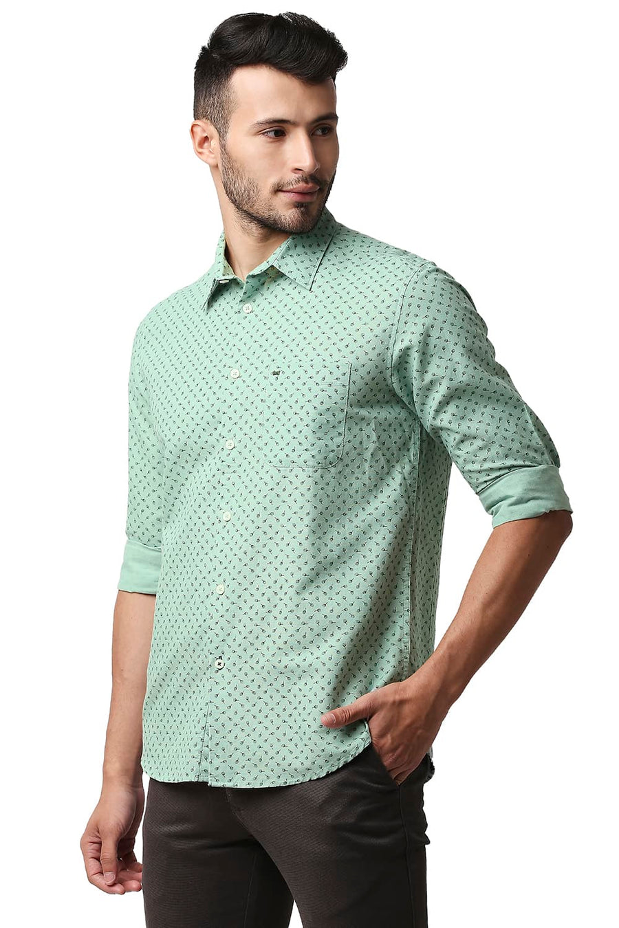 BASICS SLIM FIT GRANITE GREEN COTTON LINEN PRINTED SHIRT