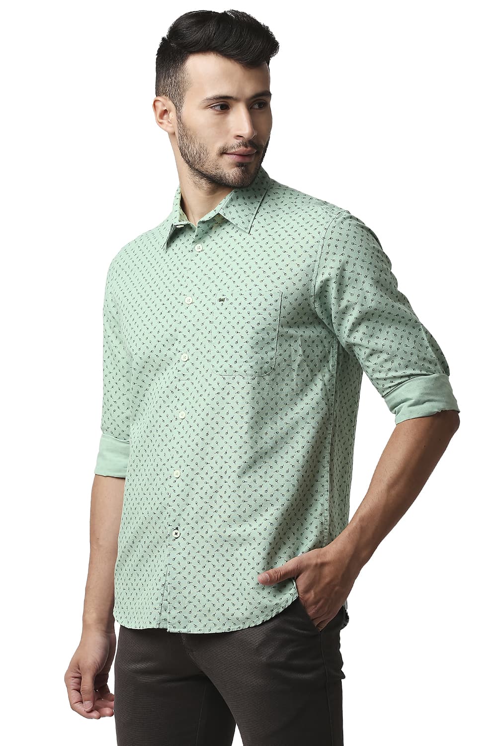 BASICS SLIM FIT COTTON LINEN PRINTED SHIRT