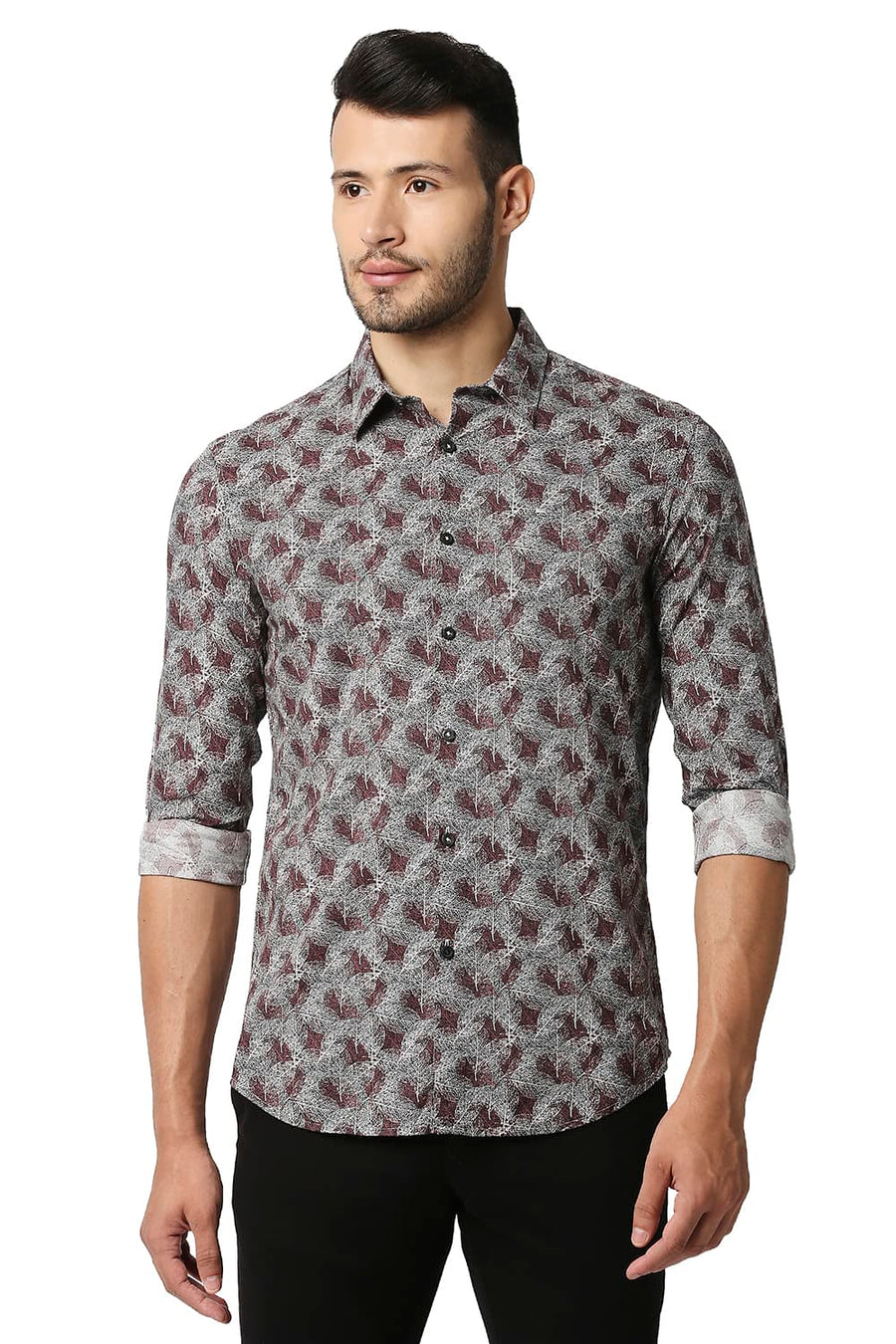 BASICS SLIM FIT VINEYARD BROWN COTTON VISCOSE PRINTED SHIRT