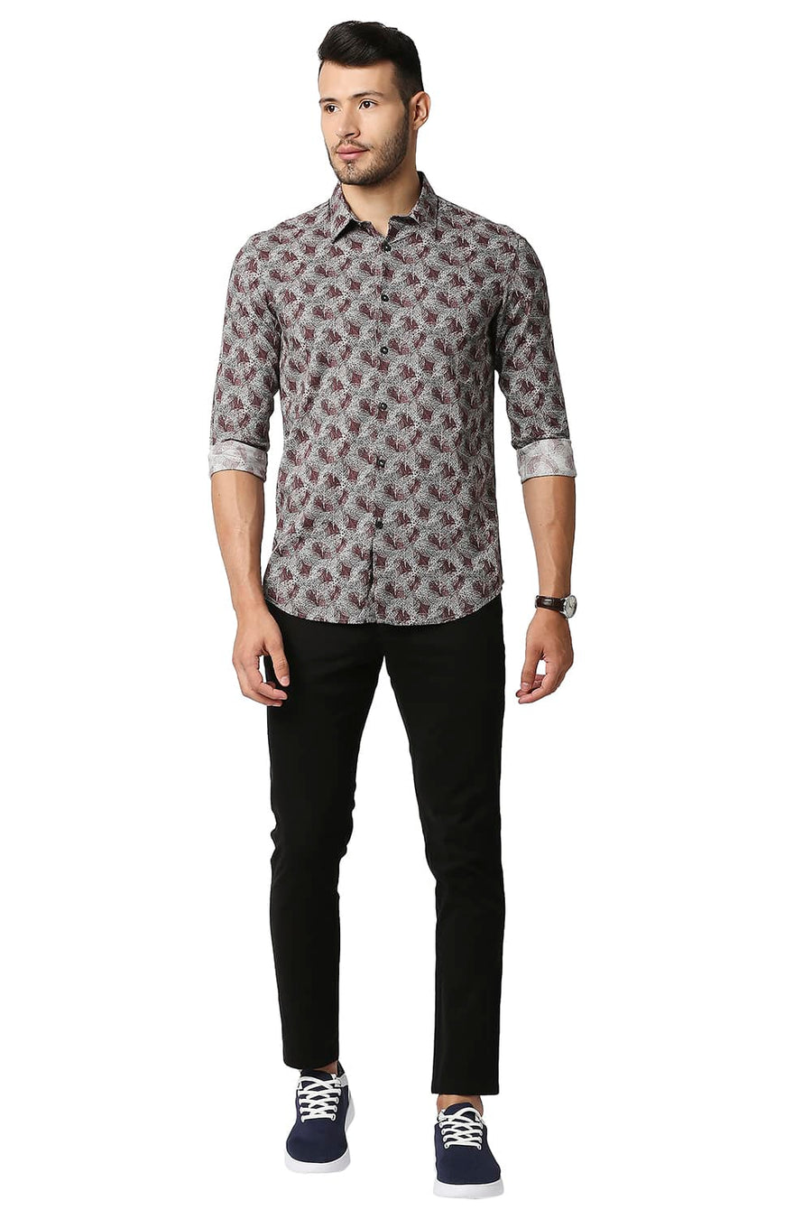 BASICS SLIM FIT VINEYARD BROWN COTTON VISCOSE PRINTED SHIRT