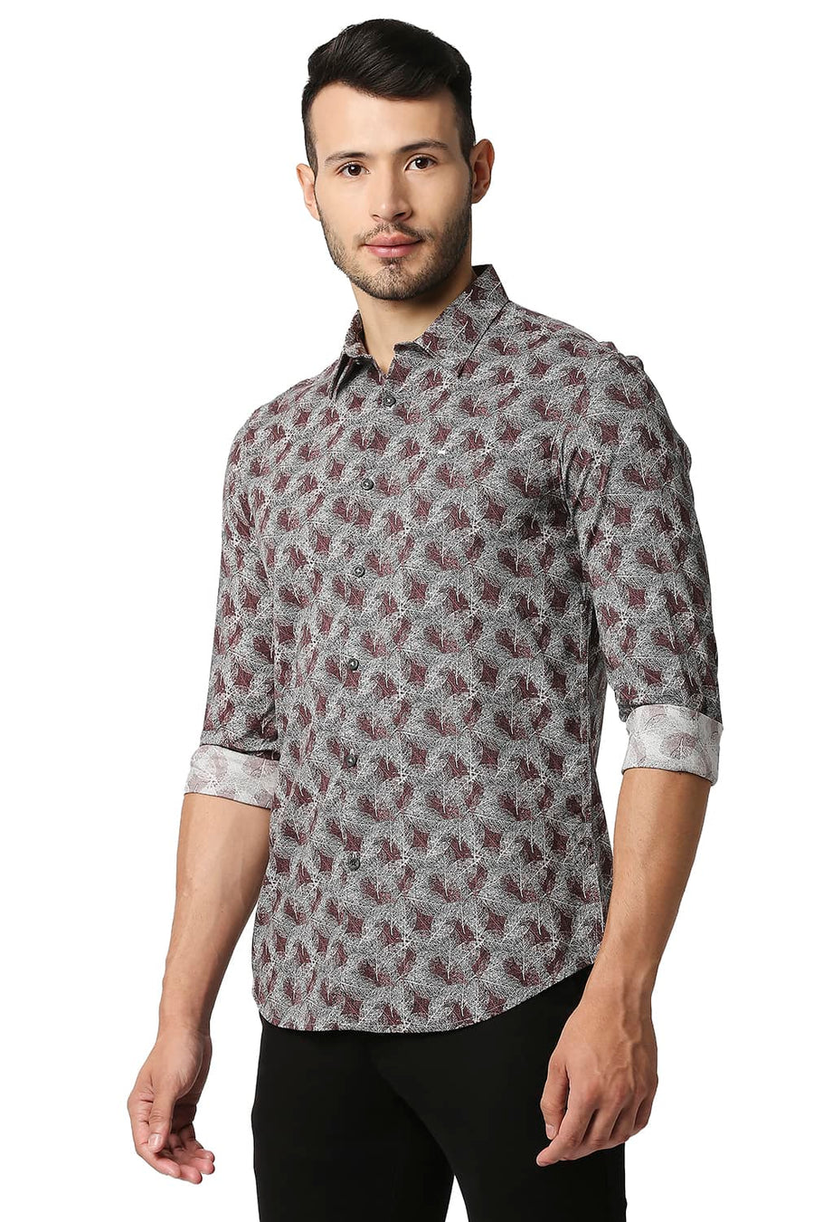 BASICS SLIM FIT VINEYARD BROWN COTTON VISCOSE PRINTED SHIRT