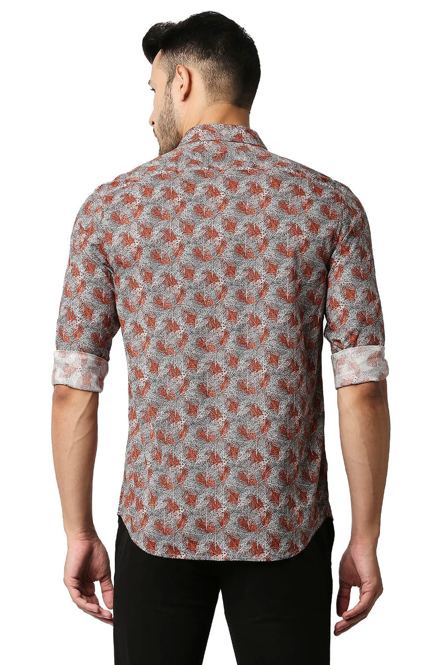 BASICS SLIM FIT FLAME ORANGE COTTON VISCOSE PRINTED SHIRT