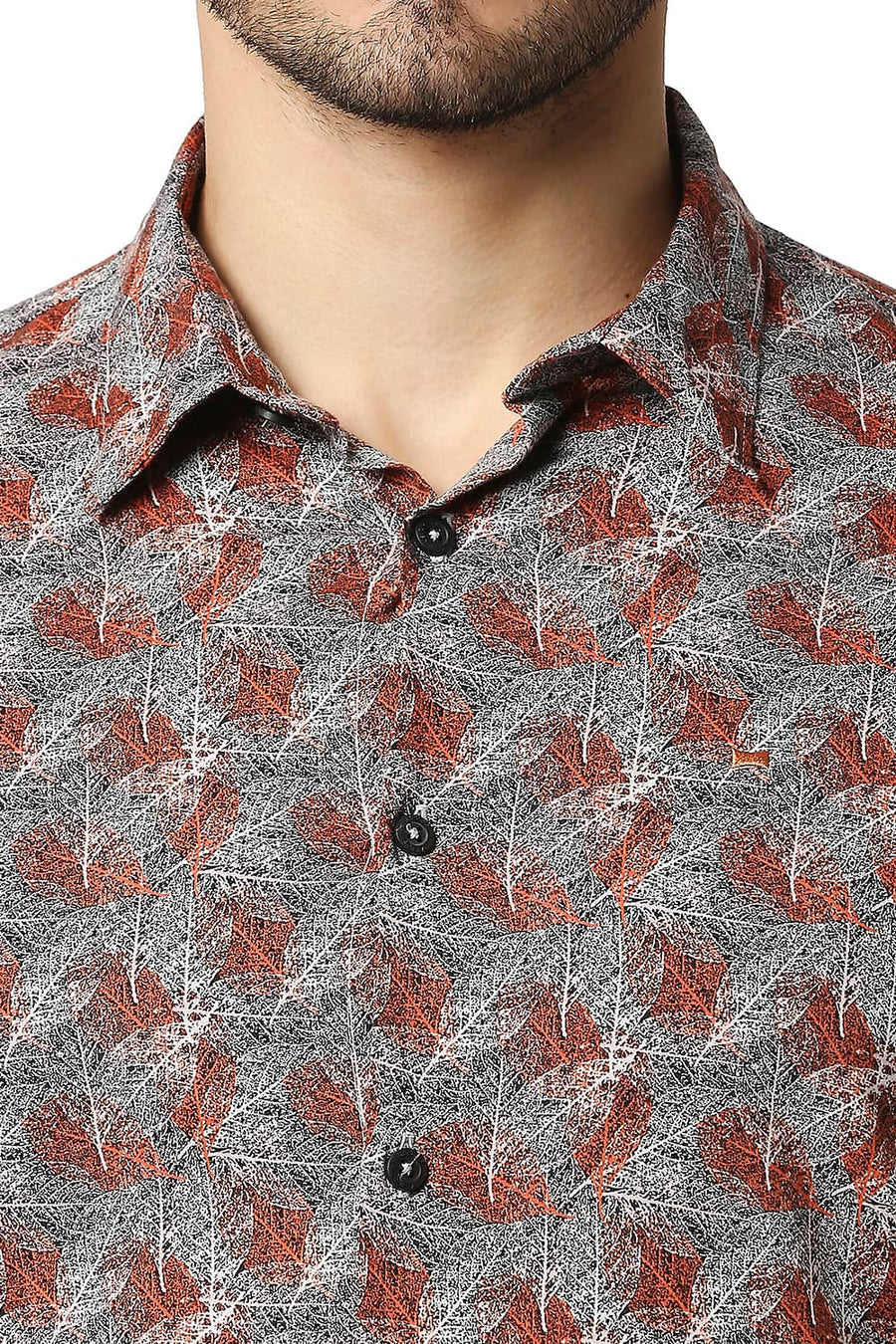 BASICS SLIM FIT FLAME ORANGE COTTON VISCOSE PRINTED SHIRT