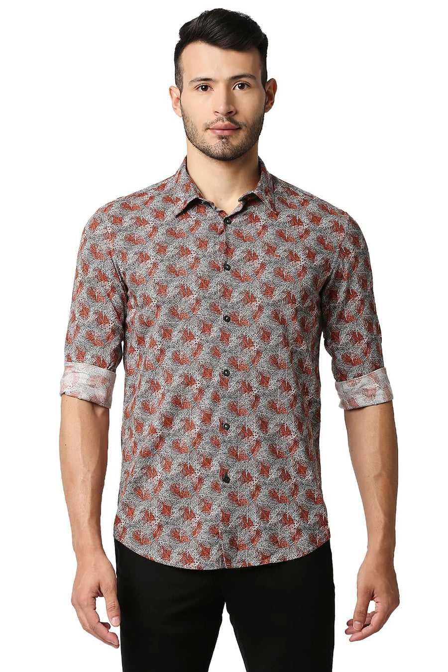 BASICS SLIM FIT FLAME ORANGE COTTON VISCOSE PRINTED SHIRT