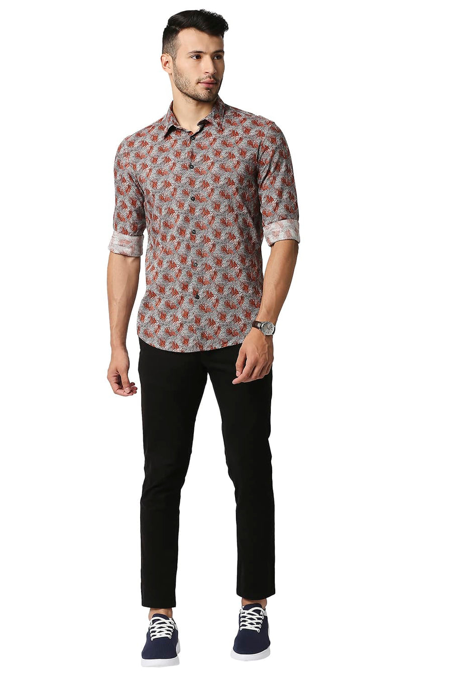 BASICS SLIM FIT FLAME ORANGE COTTON VISCOSE PRINTED SHIRT