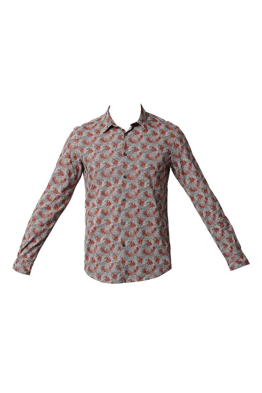 BASICS SLIM FIT FLAME ORANGE COTTON VISCOSE PRINTED SHIRT