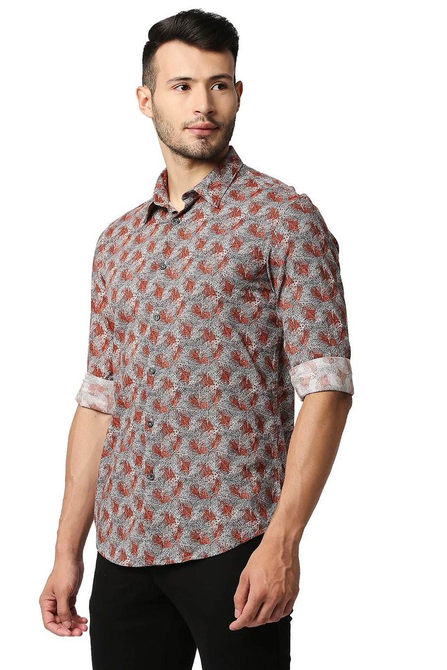 BASICS SLIM FIT FLAME ORANGE COTTON VISCOSE PRINTED SHIRT