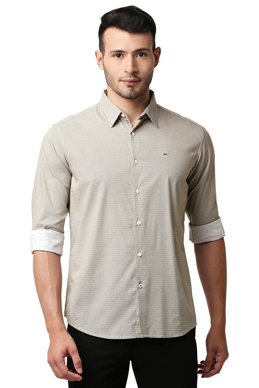 BASICS SLIM FIT CUB BROWN COTTON VISCOSE PRINTED SHIRT