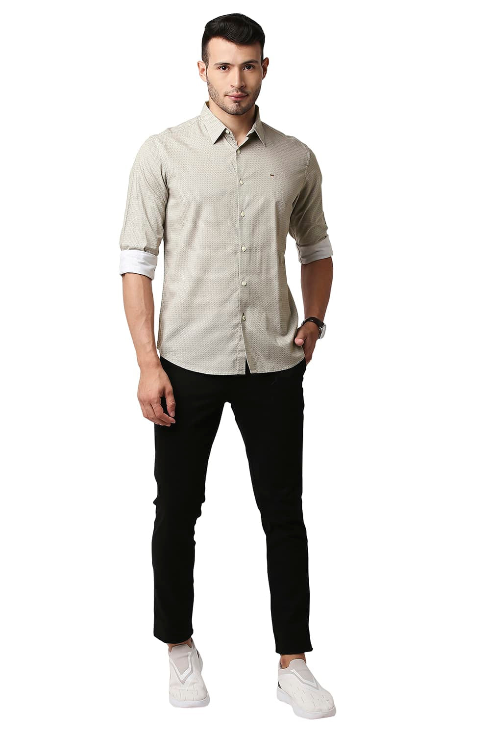 BASICS SLIM FIT COTTON VISCOSE PRINTED SHIRT