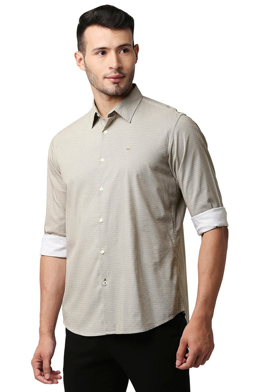 BASICS SLIM FIT CUB BROWN COTTON VISCOSE PRINTED SHIRT