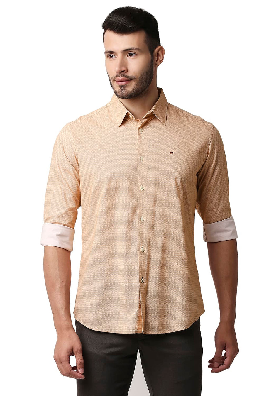 BASICS SLIM FIT ADOSE ORANGE COTTON VISCOSE PRINTED SHIRT