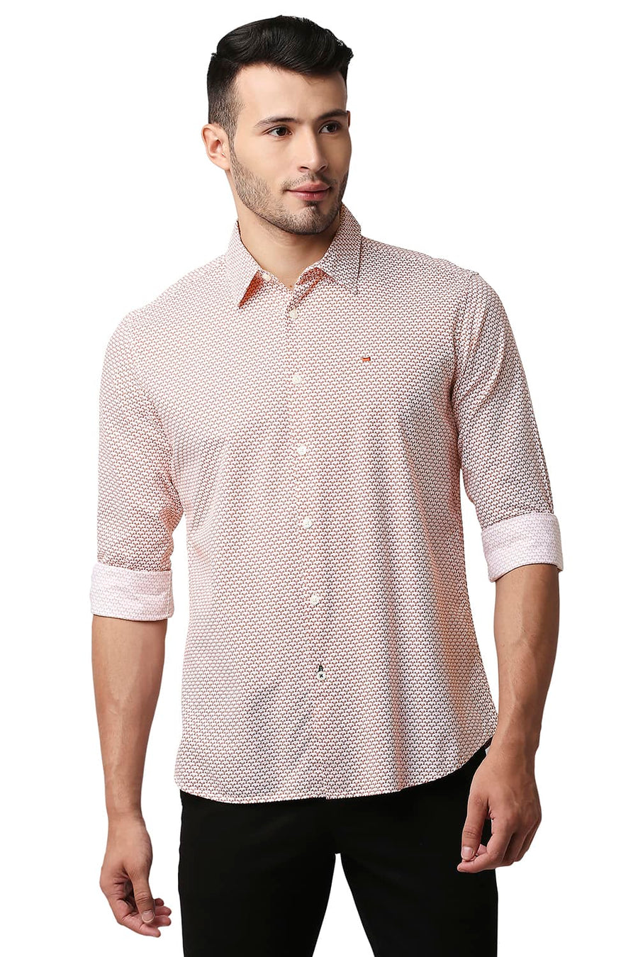 BASICS SLIM FIT POTTERS ORANGE COTTON VISCOSE PRINTED SHIRT