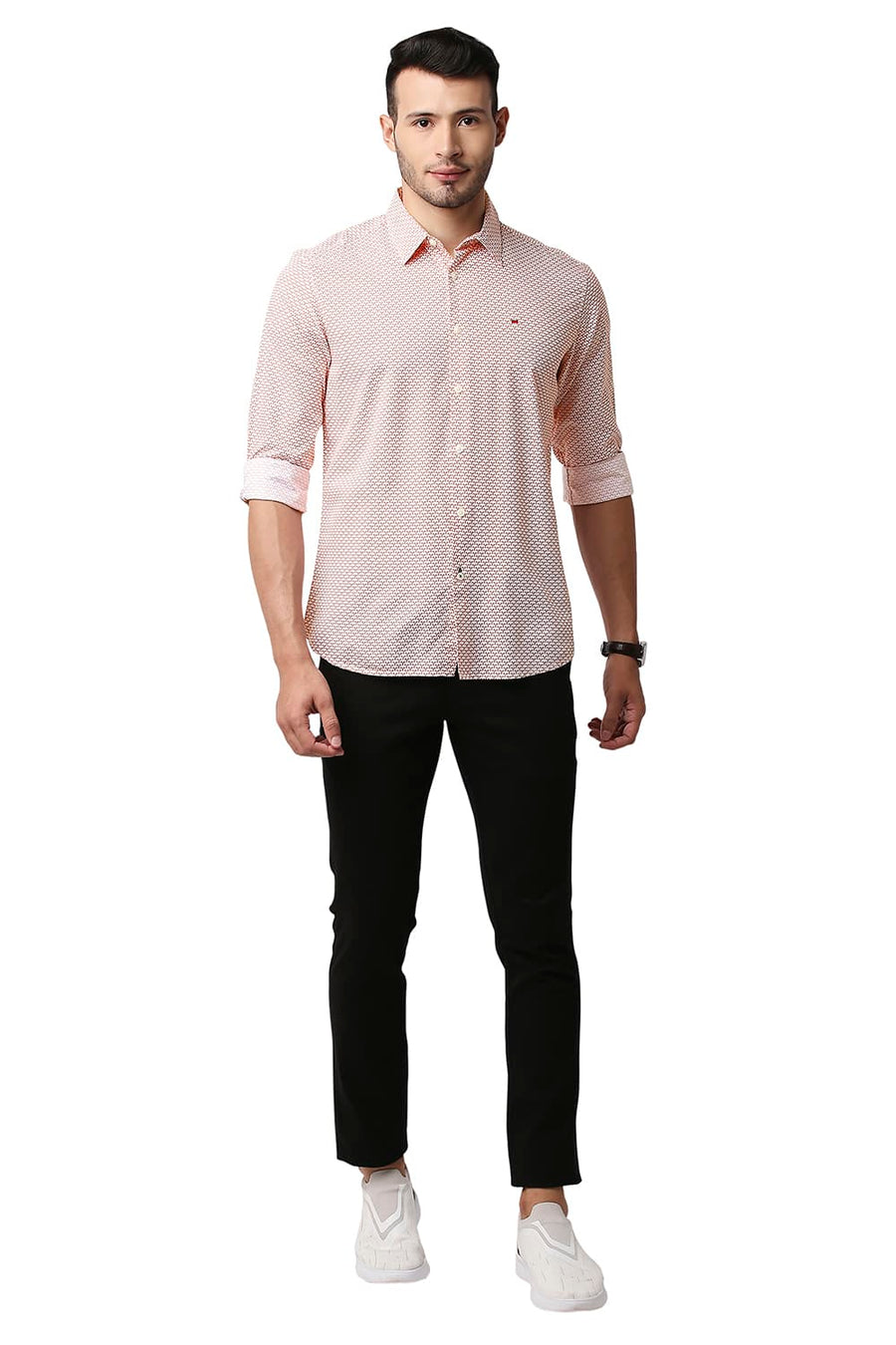 BASICS SLIM FIT POTTERS ORANGE COTTON VISCOSE PRINTED SHIRT