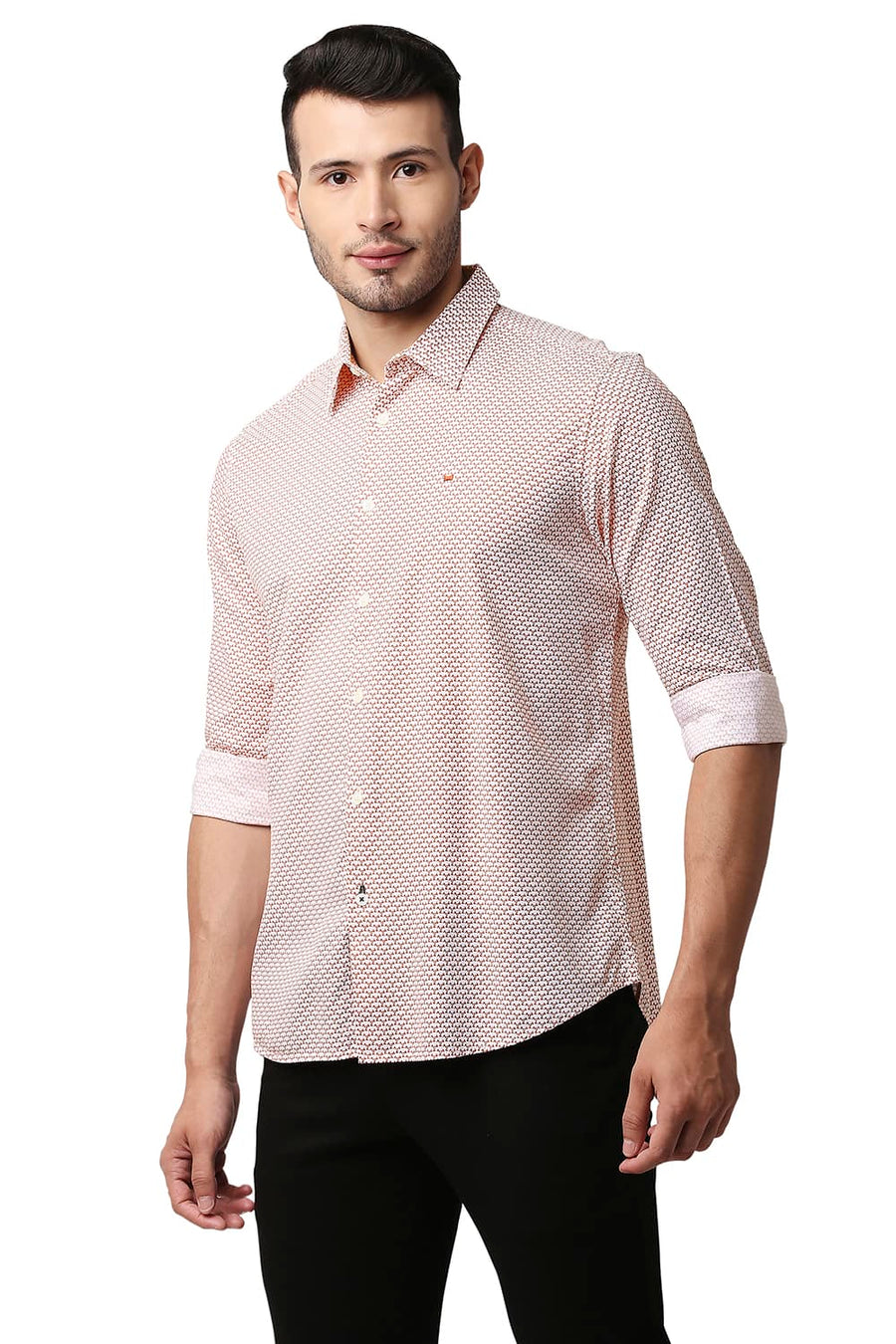 BASICS SLIM FIT POTTERS ORANGE COTTON VISCOSE PRINTED SHIRT