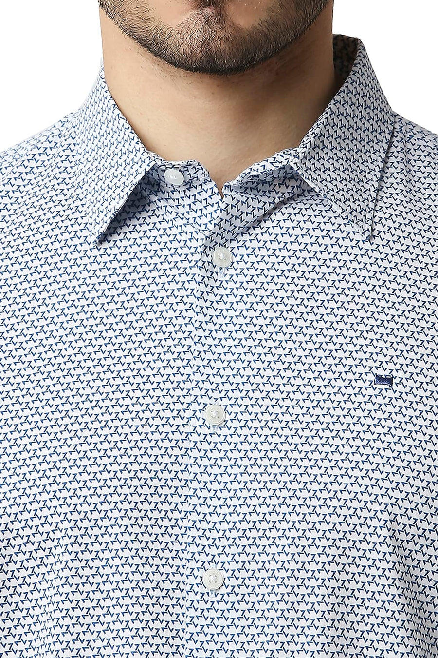 BASICS SLIM FIT SKY DIVER BLUE COTTON VISCOSE PRINTED SHIRT