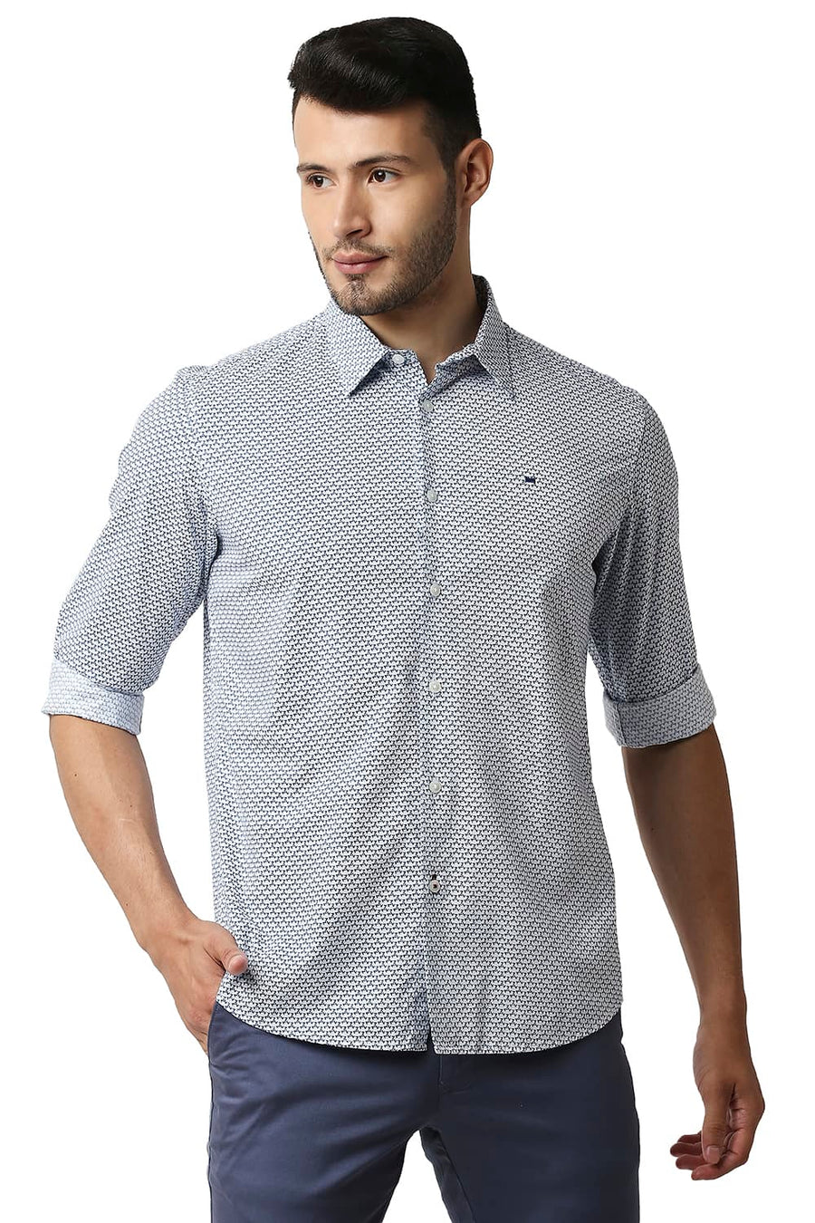BASICS SLIM FIT SKY DIVER BLUE COTTON VISCOSE PRINTED SHIRT