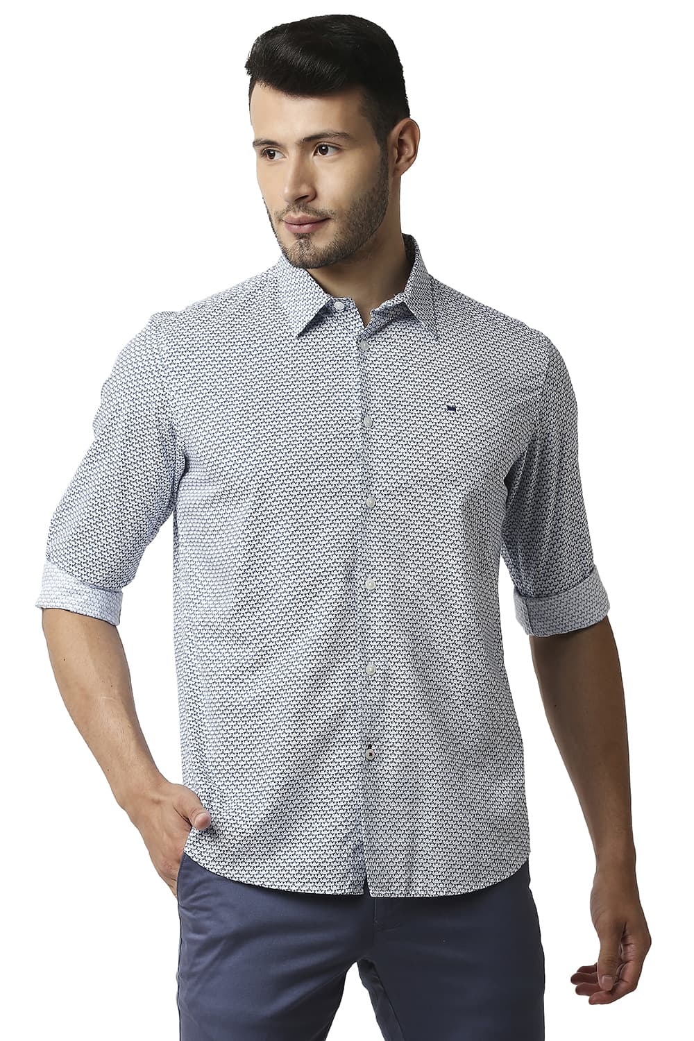 BASICS SLIM FIT COTTON VISCOSE PRINTED SHIRT