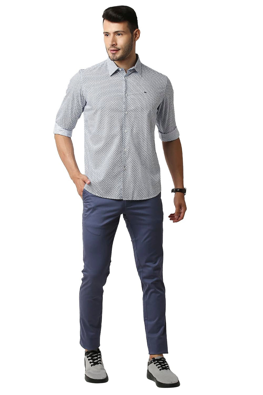 BASICS SLIM FIT SKY DIVER BLUE COTTON VISCOSE PRINTED SHIRT