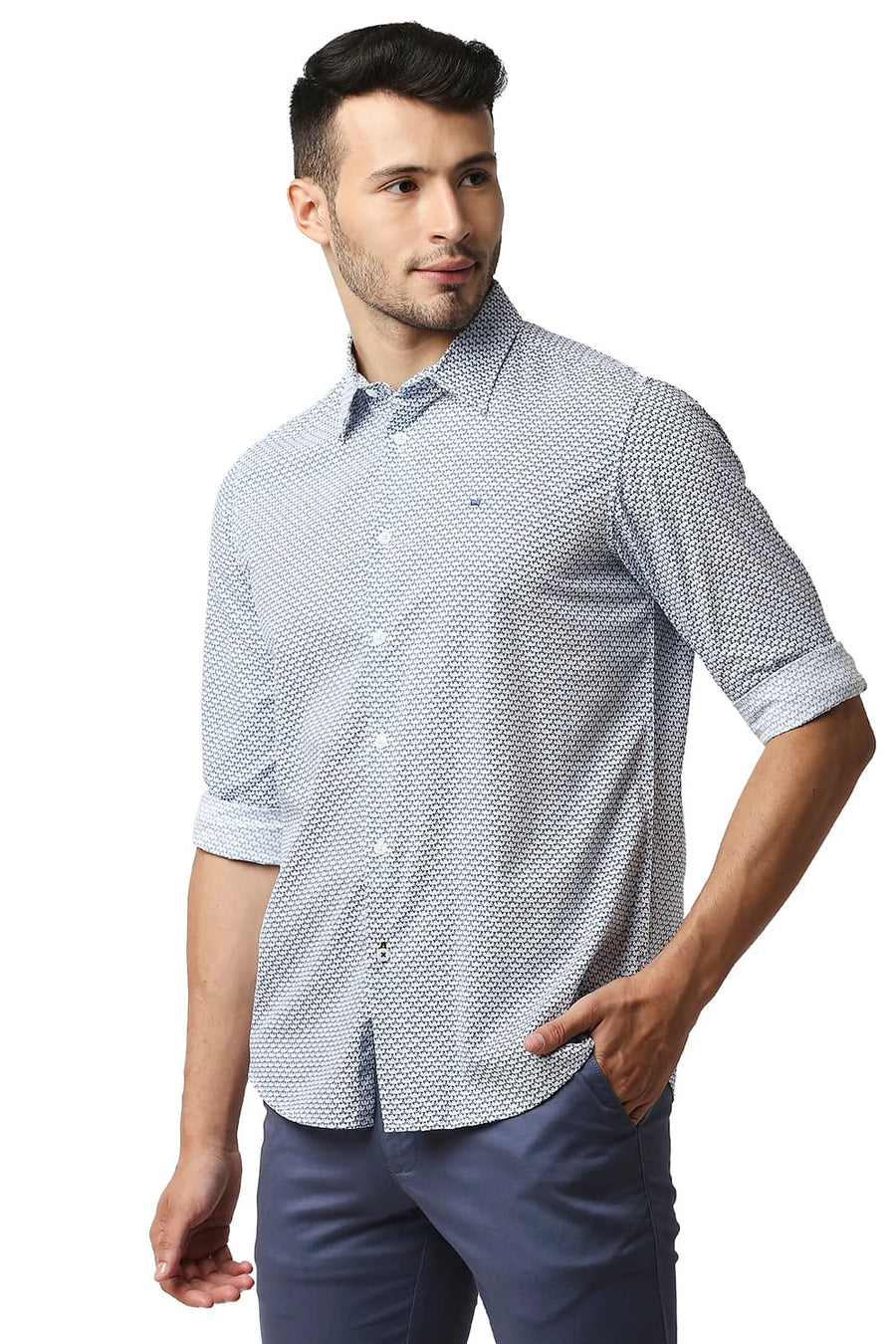 BASICS SLIM FIT SKY DIVER BLUE COTTON VISCOSE PRINTED SHIRT