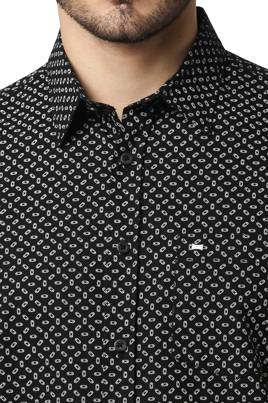 BASICS SLIM FIT NIGHT BLACK POPLIN PRINTED SHIRT