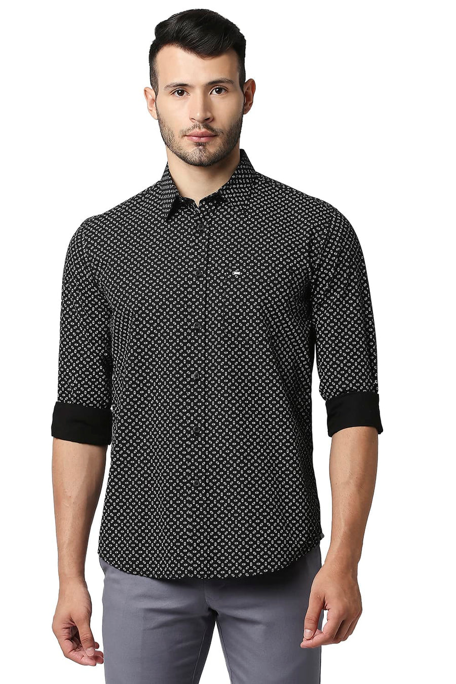 BASICS SLIM FIT NIGHT BLACK POPLIN PRINTED SHIRT