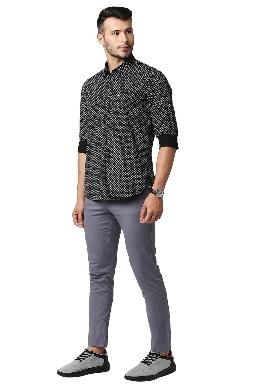 BASICS SLIM FIT NIGHT BLACK POPLIN PRINTED SHIRT