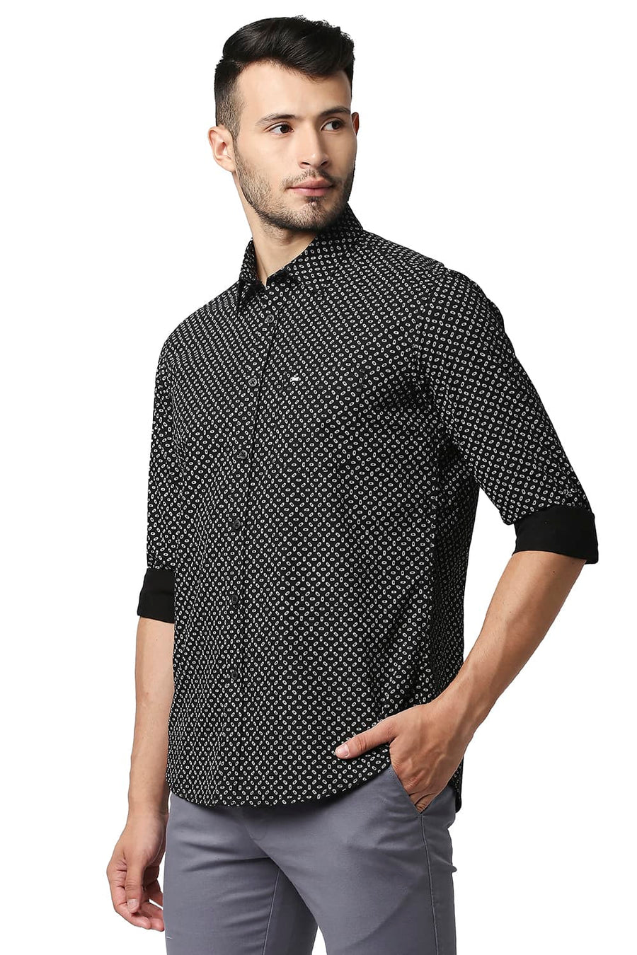 BASICS SLIM FIT NIGHT BLACK POPLIN PRINTED SHIRT