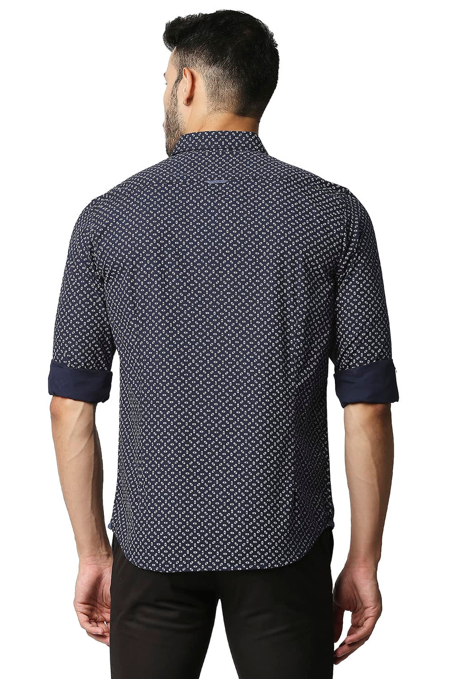BASICS SLIM FIT DRESS NAVY POPLIN PRINTED SHIRT