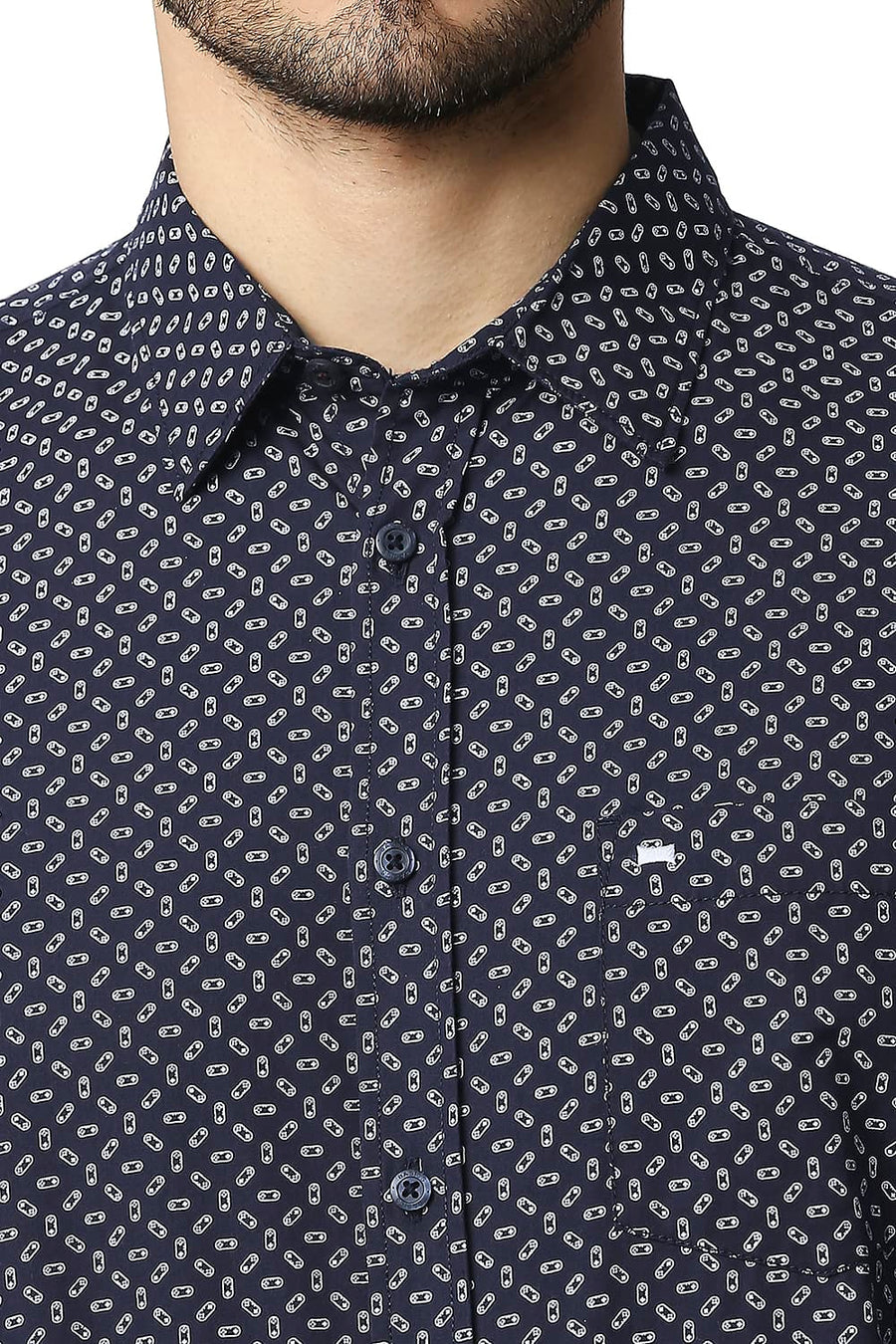 BASICS SLIM FIT DRESS NAVY POPLIN PRINTED SHIRT