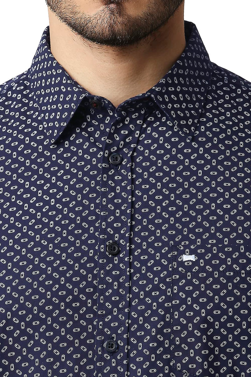 BASICS SLIM FIT POPLIN PRINTED HALFSLEEVES SHIRT