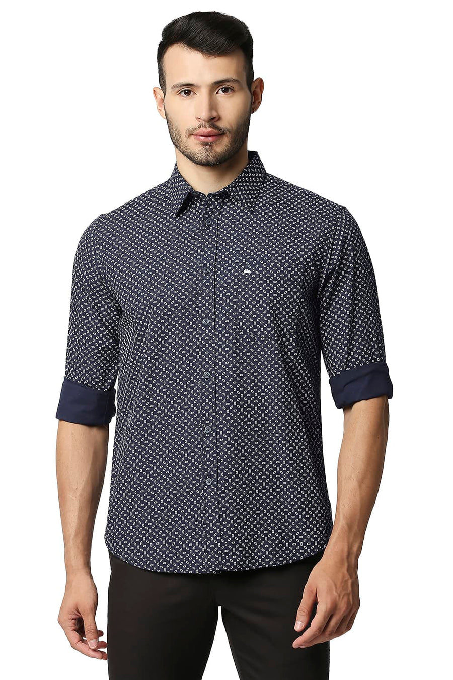 BASICS SLIM FIT DRESS NAVY POPLIN PRINTED SHIRT