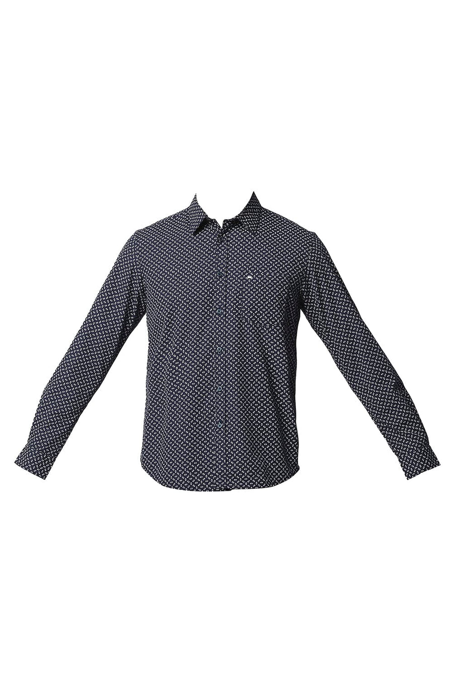 BASICS SLIM FIT DRESS NAVY POPLIN PRINTED SHIRT