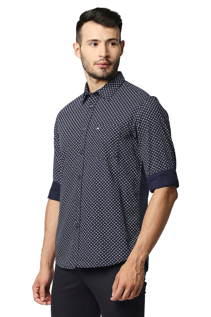 BASICS SLIM FIT DRESS NAVY POPLIN PRINTED SHIRT