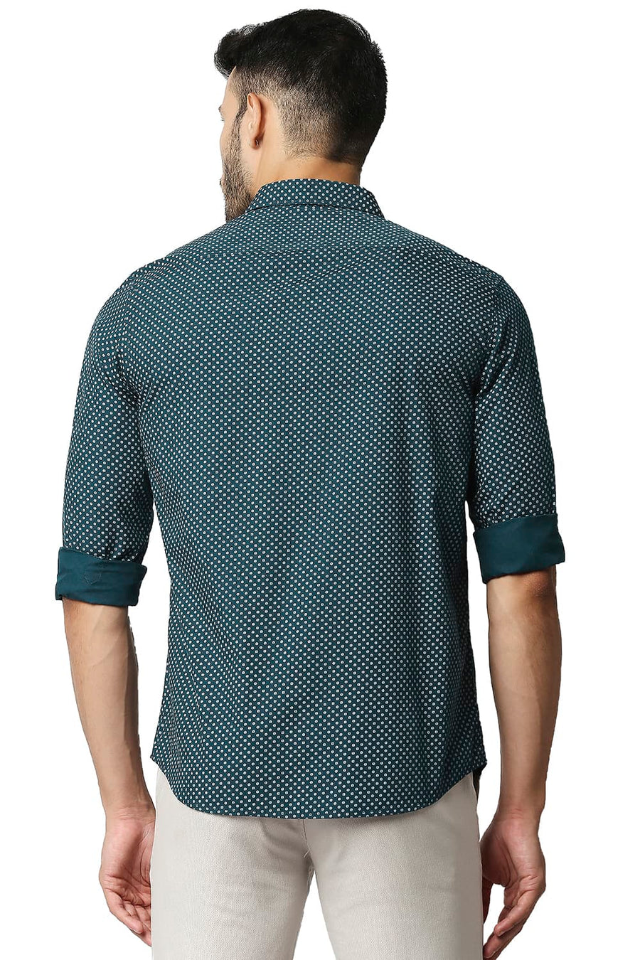 BASICS SLIM FIT ATLANTIC TEAL POPLIN PRINTED SHIRT