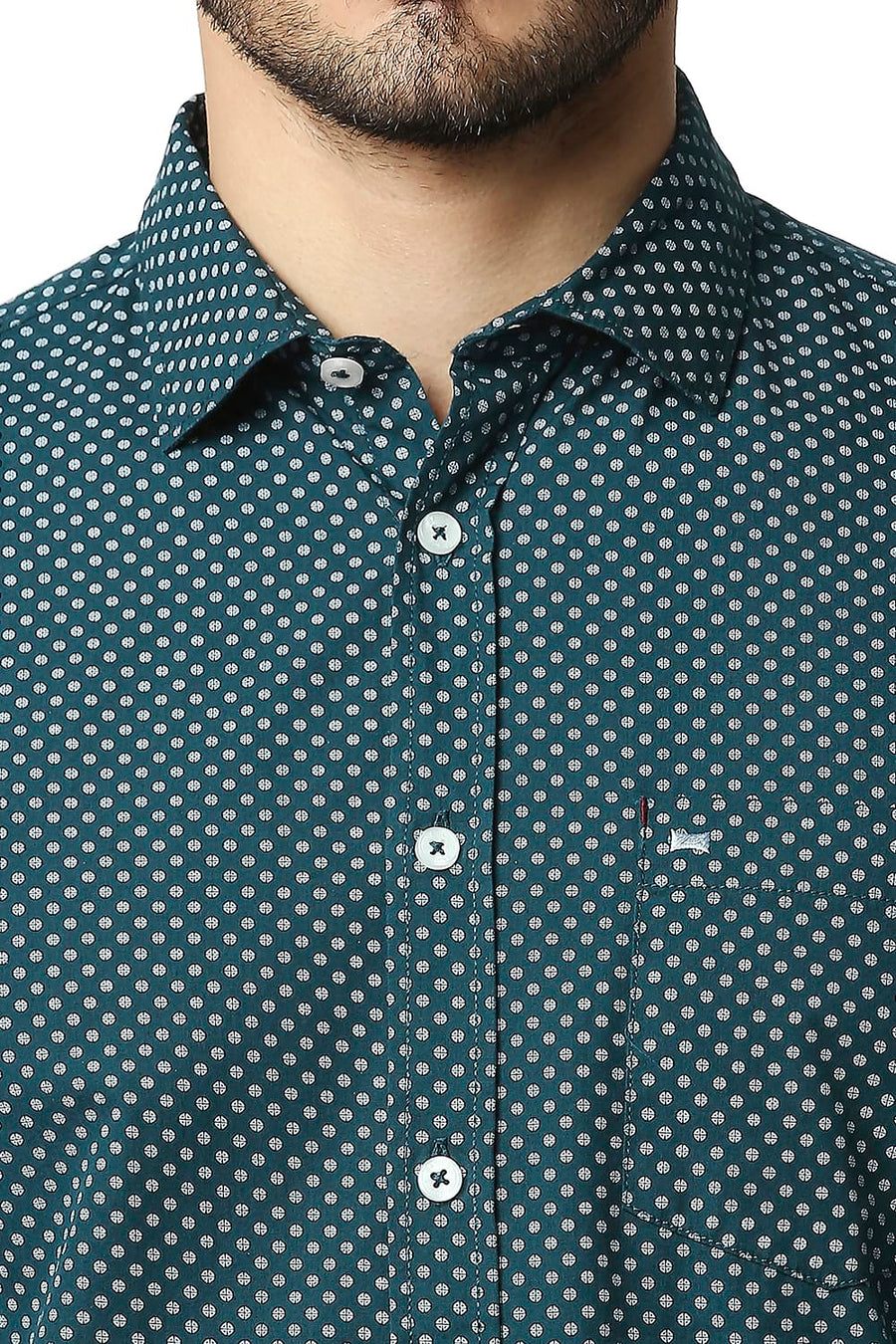 BASICS SLIM FIT ATLANTIC TEAL POPLIN PRINTED SHIRT