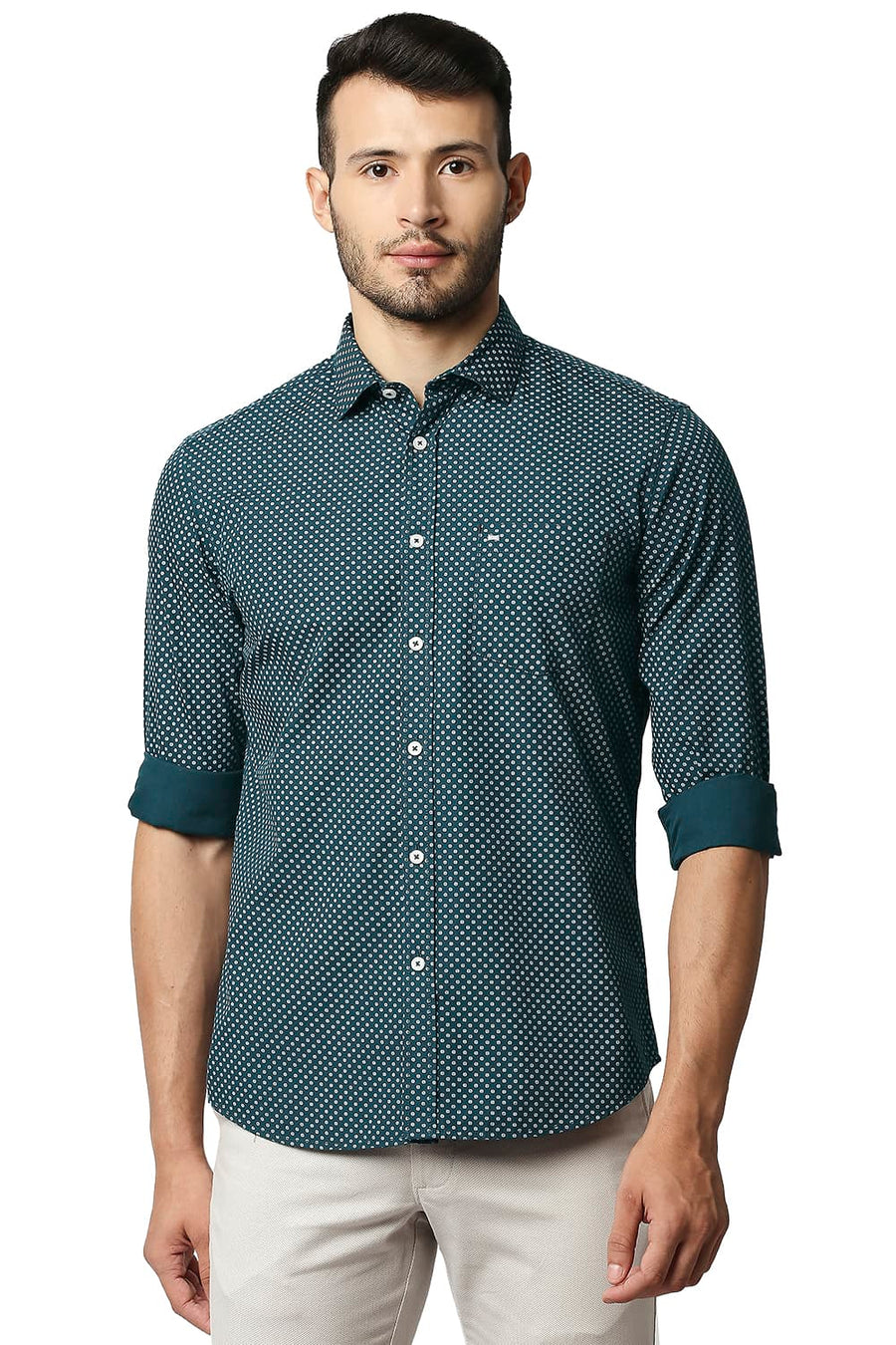 BASICS SLIM FIT ATLANTIC TEAL POPLIN PRINTED SHIRT