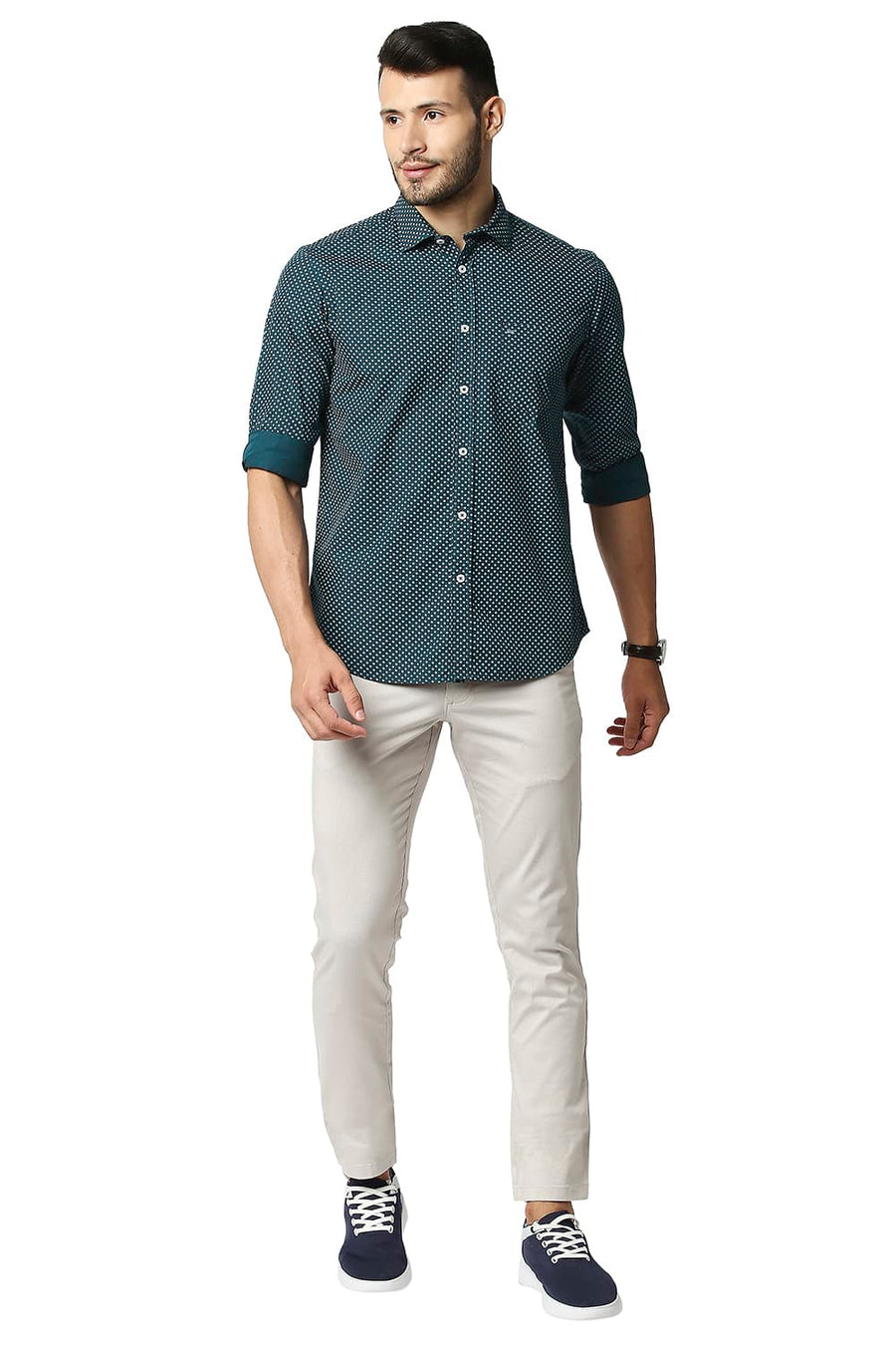 BASICS SLIM FIT ATLANTIC TEAL POPLIN PRINTED SHIRT