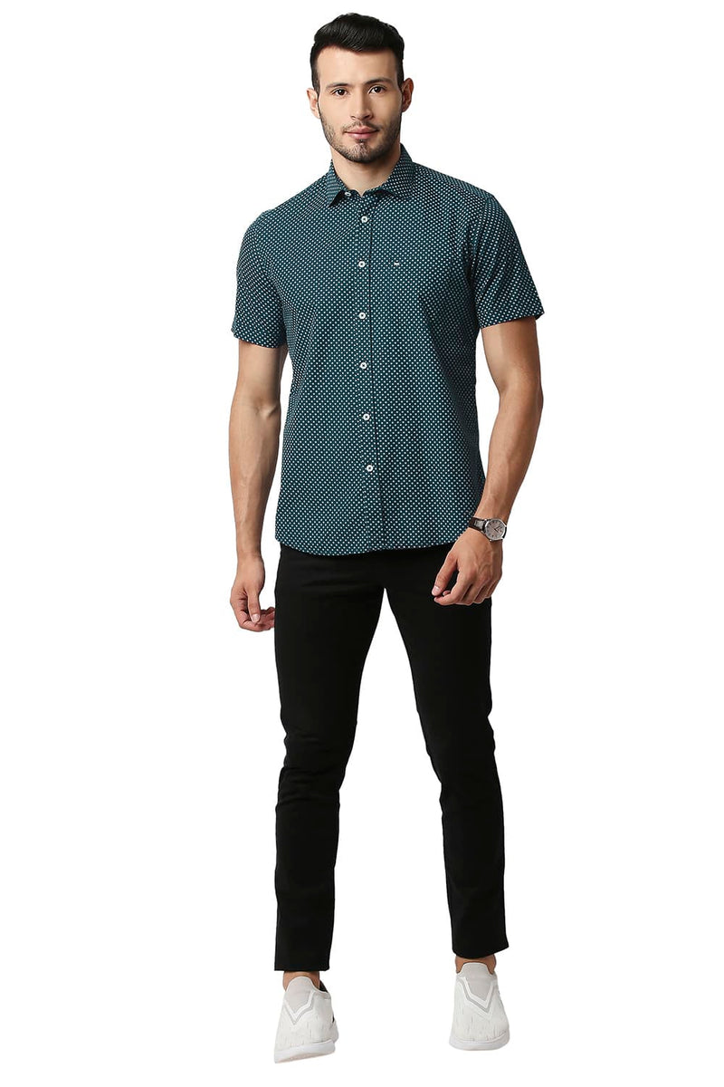 BASICS SLIM FIT POPLIN PRINTED HALFSLEEVES SHIRT