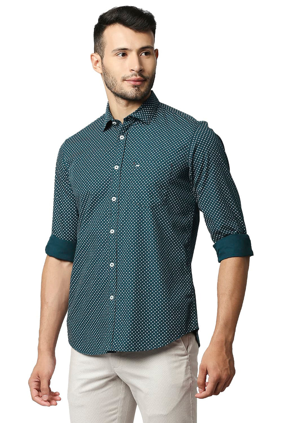 BASICS SLIM FIT ATLANTIC TEAL POPLIN PRINTED SHIRT