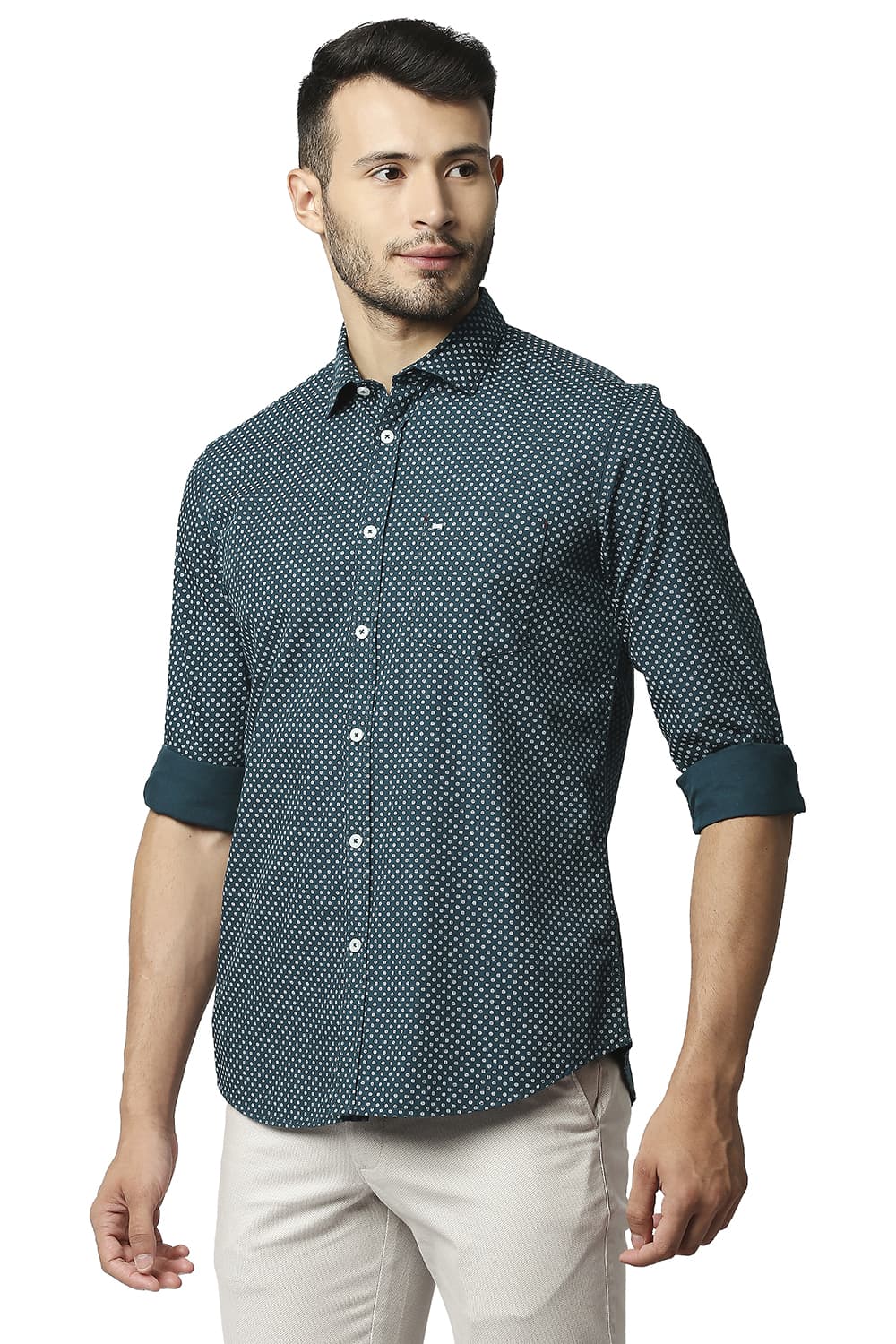 BASICS SLIM FIT POPLIN PRINTED SHIRT