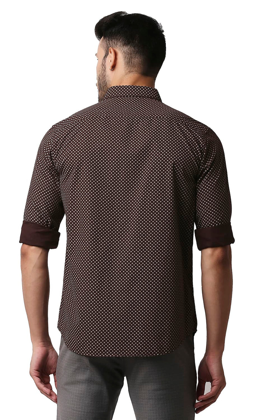 BASICS SLIM FIT CARAFE BROWN POPLIN PRINTED SHIRT