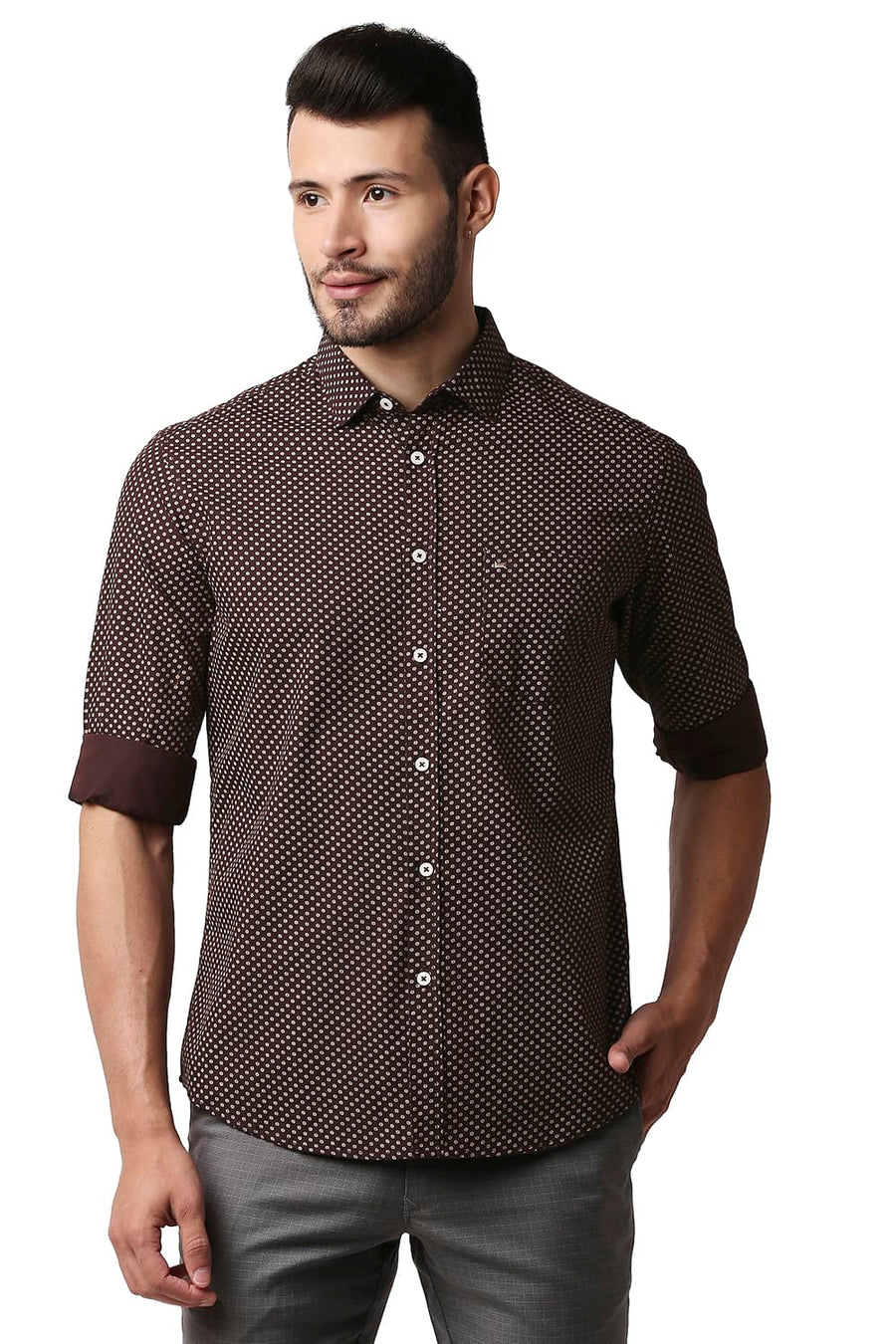 BASICS SLIM FIT CARAFE BROWN POPLIN PRINTED SHIRT