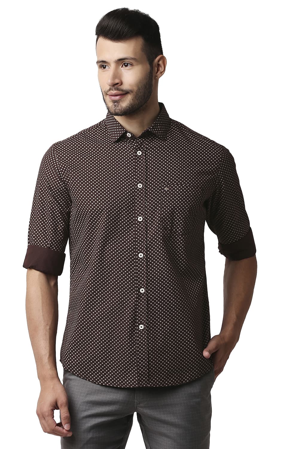 BASICS SLIM FIT POPLIN PRINTED SHIRT