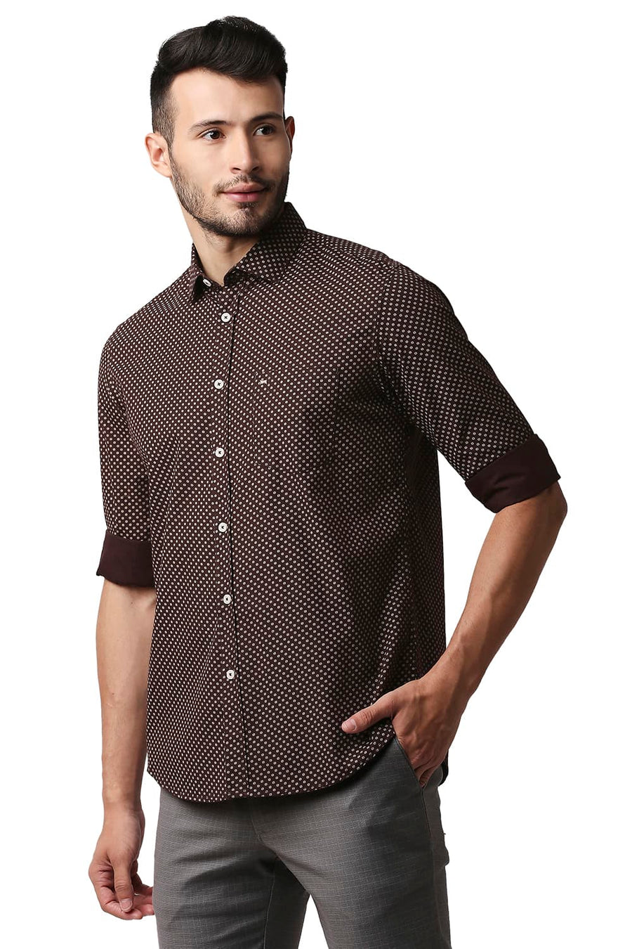BASICS SLIM FIT CARAFE BROWN POPLIN PRINTED SHIRT
