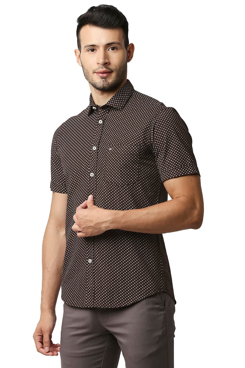 BASICS SLIM FIT POPLIN PRINTED HALFSLEEVES SHIRT