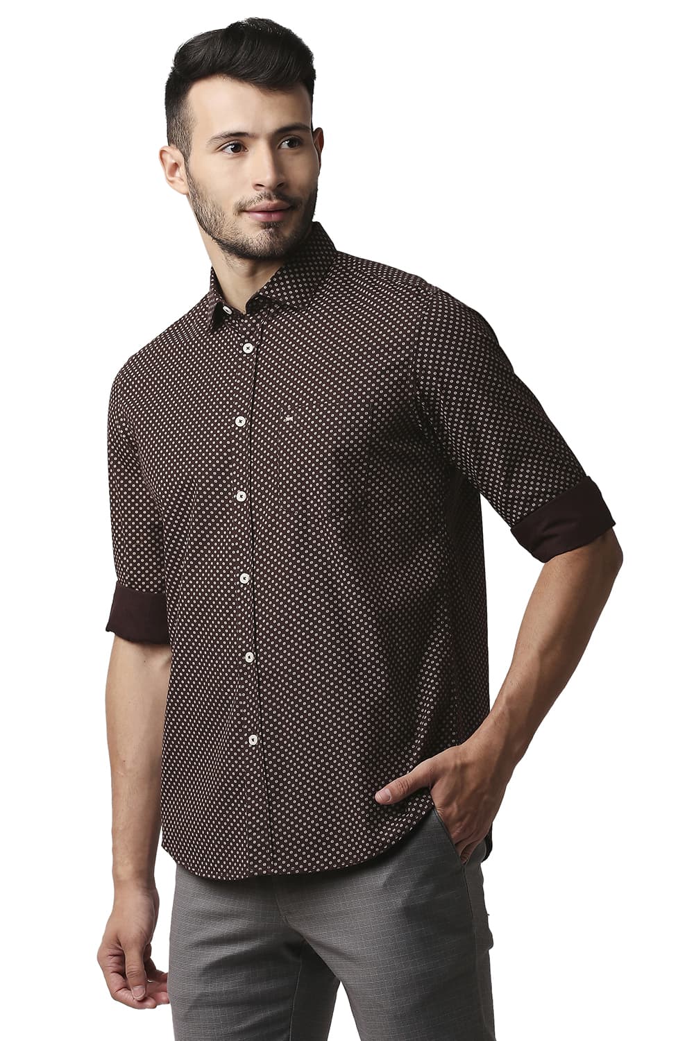 BASICS SLIM FIT POPLIN PRINTED SHIRT