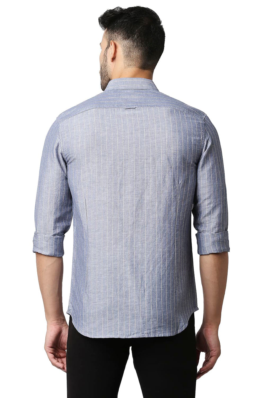 BASICS SLIM FIT CHINA BLUE COTTON LINEN STRIPE SHIRT